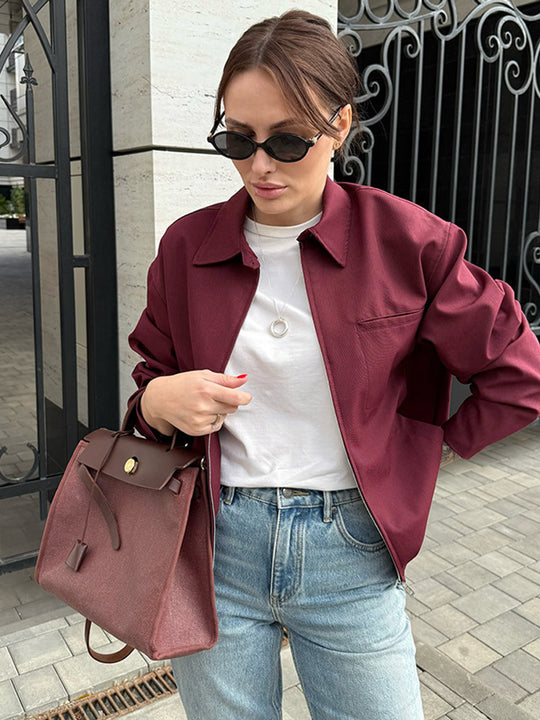 Damen Leichte Twill-Übergangsjacke mit Hemdkragen, verdecktem Reißverschluss und kastiger Silhouette Shop Nory