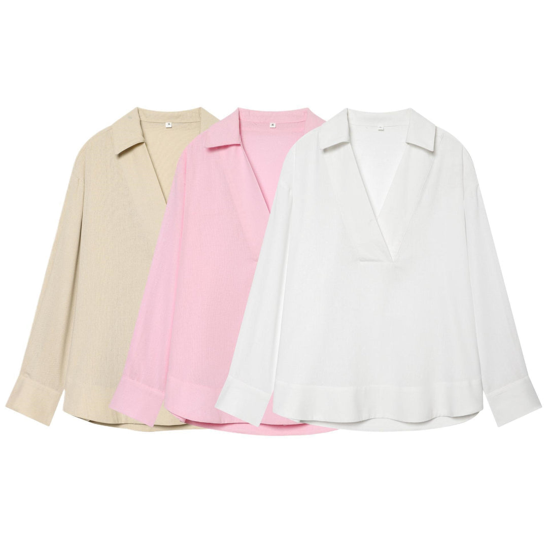 Damen Locker fallende Leinenoptik Bluse mit V‑Ausschnitt, Hemdkragen und Umschlagmanschetten Shop Nory