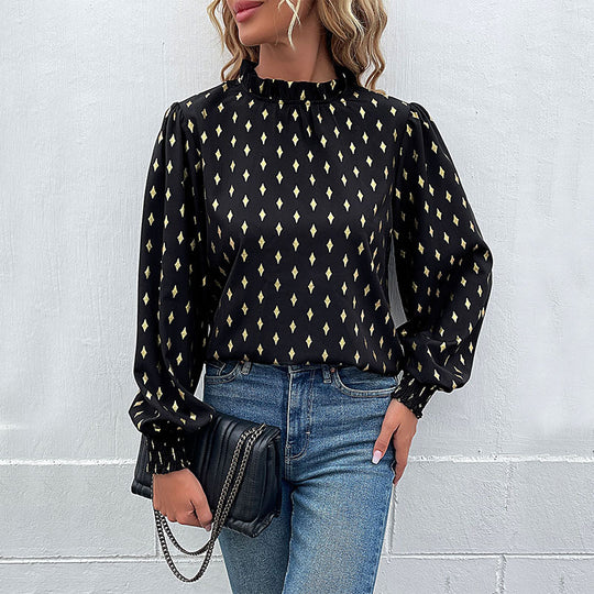 Damen Elegante Rüschen-Stehkragen-Bluse mit Puffärmeln und Smokbündchen Shop Nory