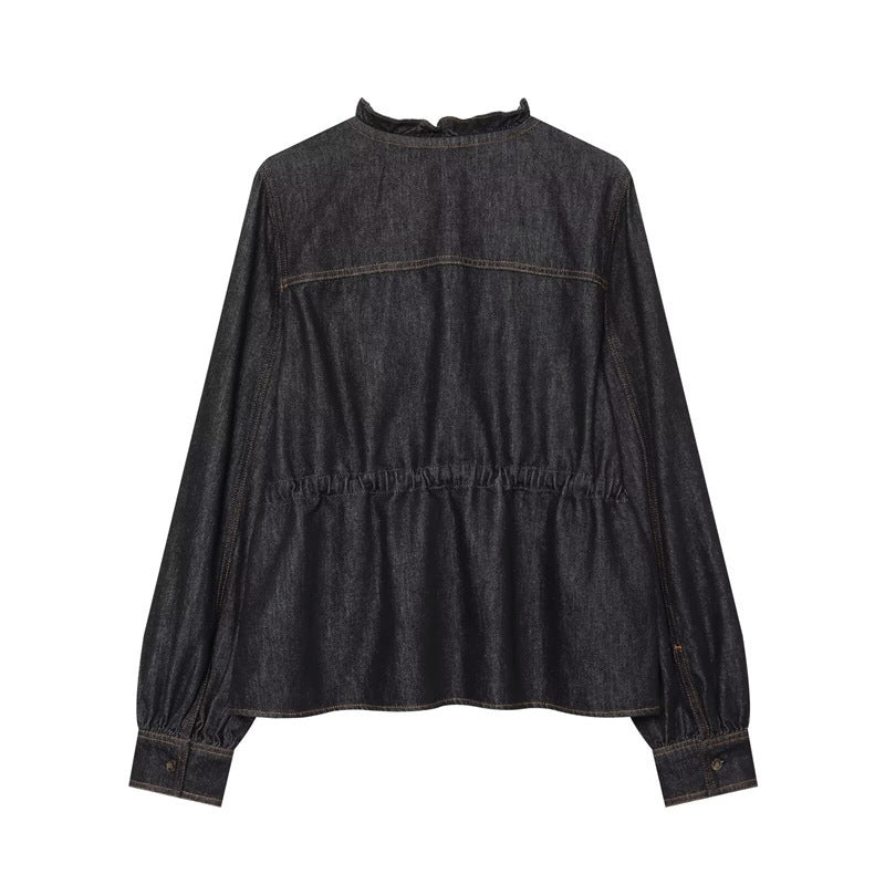 Damen taillierte Blusenjacke in Jeansoptik mit Rüschenkragen und Tunnelzug Shop Nory