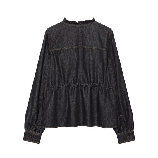Damen taillierte Blusenjacke in Jeansoptik mit Rüschenkragen und Tunnelzug Shop Nory