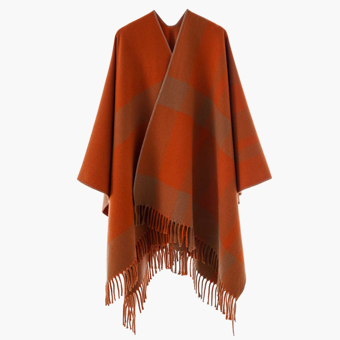 Damen Großkaro-Capeponcho aus Wollmix mit Fransen und offenem Kragen Shop Nory