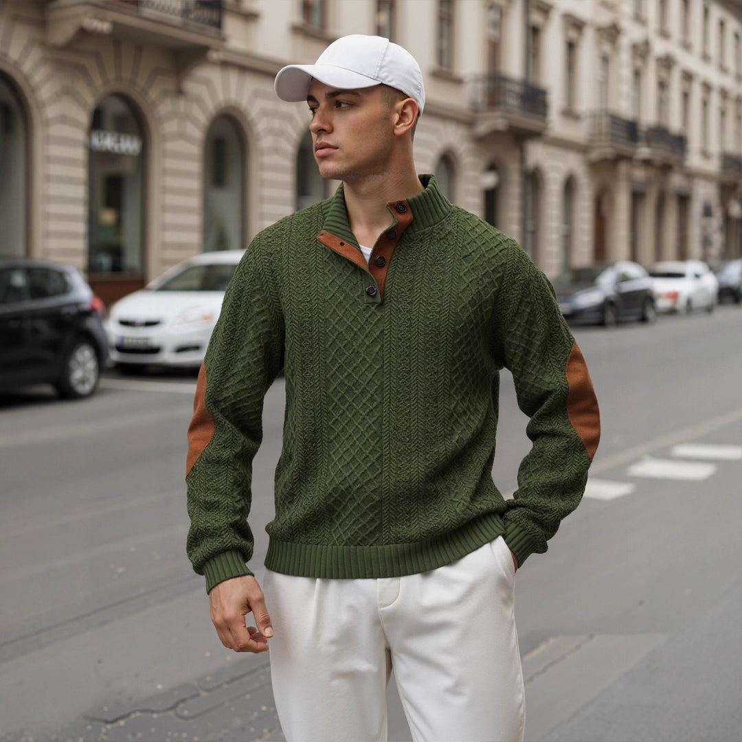 Herren Troyer-Pullover mit Stehkragen, strukturierter Strickoptik und Kontrast-Ellbogenpatches Shop Nory