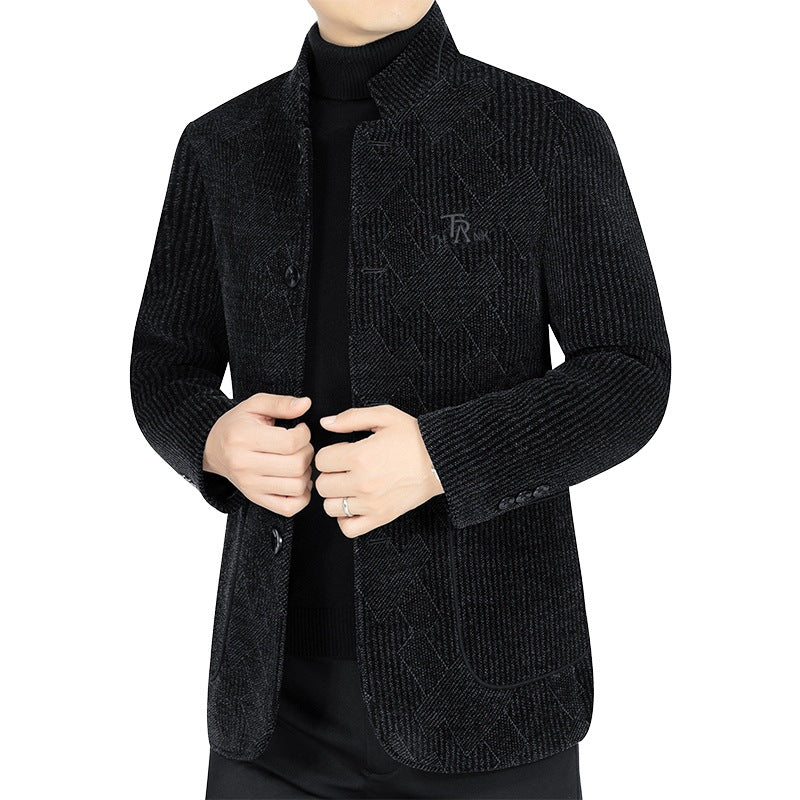 Herren Moderner Stehkragen-Blazer im Bouclé-Look mit feiner geometrischer Struktur Shop Nory
