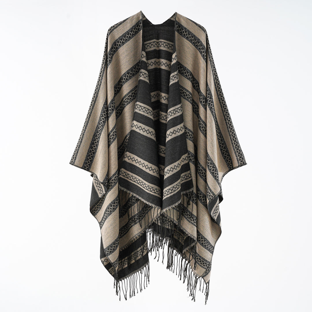 Damen Wollmix-Wickelponcho im Jacquardstreifen mit Fransen Shop Nory