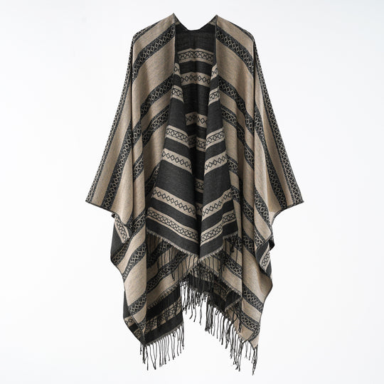 Damen Wollmix-Wickelponcho im Jacquardstreifen mit Fransen Shop Nory