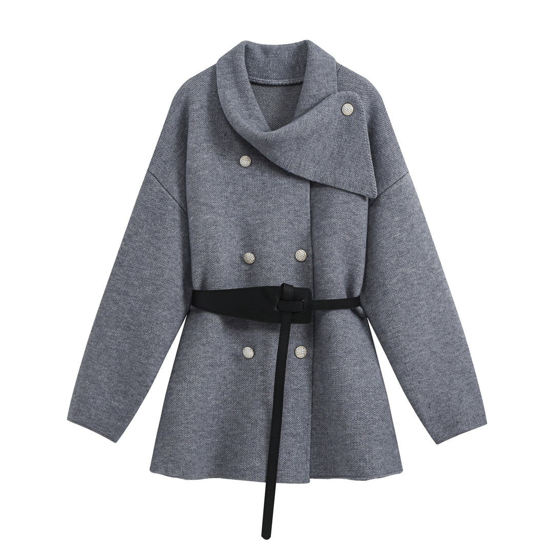 Damen Kurzer Blouson‑Mantel im Cocoon‑Schnitt mit asymmetrischem Schalkragen und Taillengürtel Shop Nory