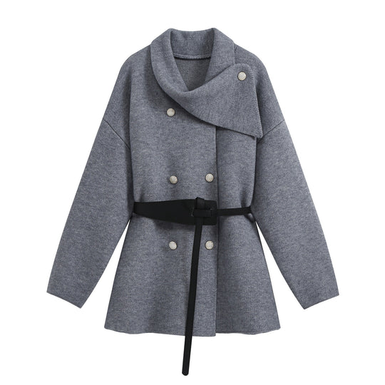 Damen Kurzer Blouson‑Mantel im Cocoon‑Schnitt mit asymmetrischem Schalkragen und Taillengürtel Shop Nory