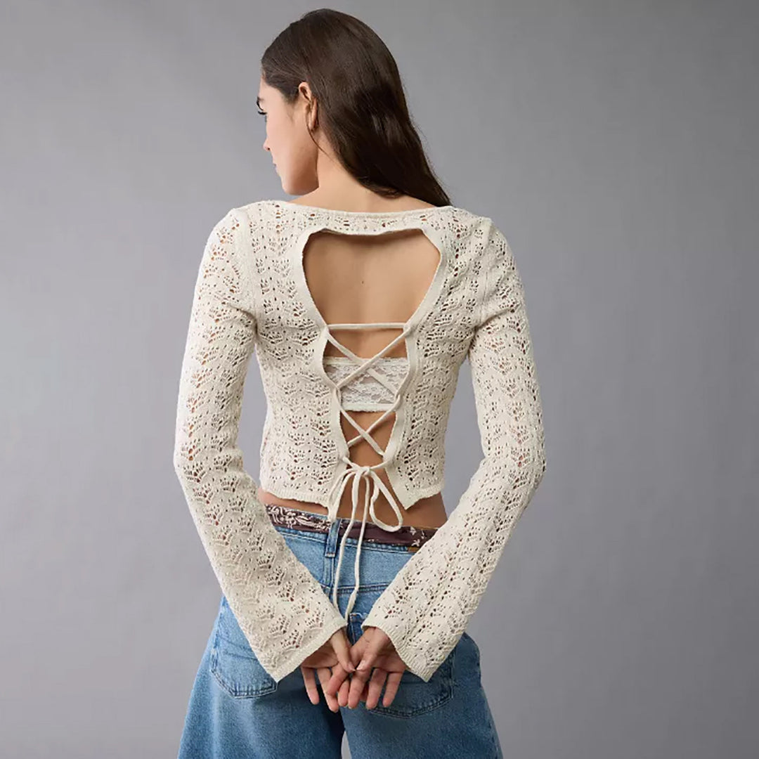 Damen Feinstrick-Cropped-Top mit Ajourmuster und Rundhalsausschnitt Shop Nory