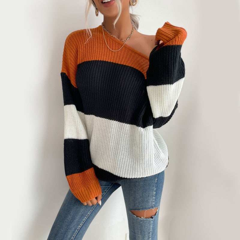 Damen Lässiger Gestreifter Pullover mit Off-Shoulder Design Shop Nory