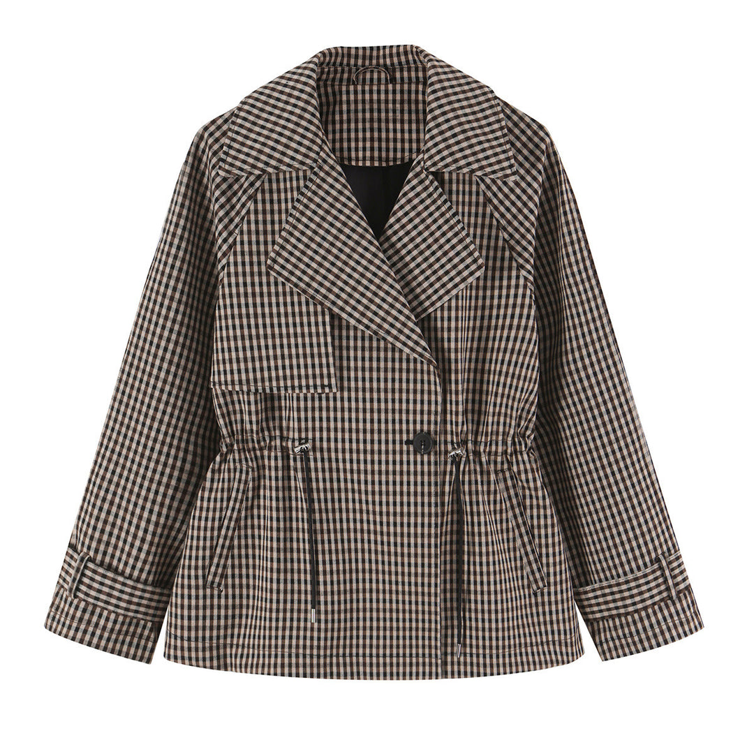 Damen Kurze Karo-Trenchjacke mit Tunnelzug-Taille und weitem Revers Shop Nory