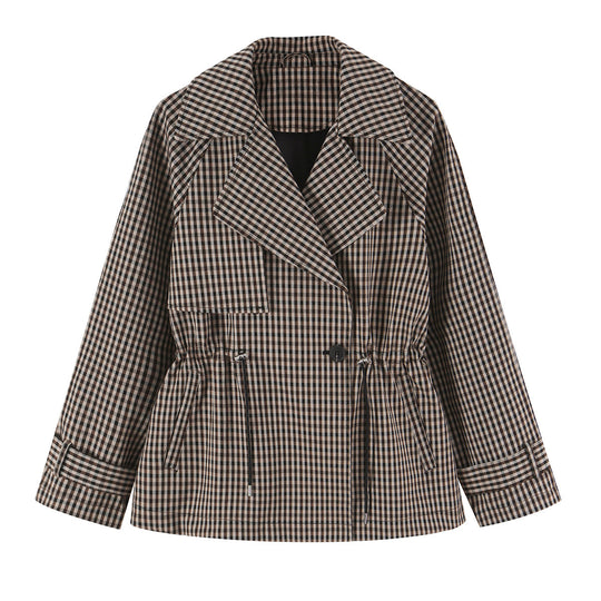 Damen Kurze Karo-Trenchjacke mit Tunnelzug-Taille und weitem Revers Shop Nory