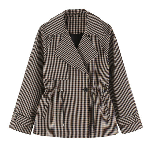 Damen Kurze Karo-Trenchjacke mit Tunnelzug-Taille und weitem Revers Shop Nory