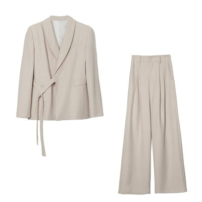 Damen Asymmetrisches Wickel-Blazer-Set mit Bindegürtel und weitem Bundfaltenhose Shop Nory
