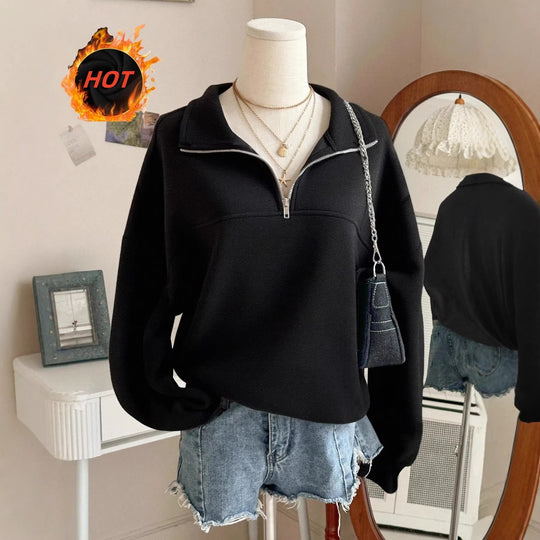 Damen nan Oversize Sweatshirt mit halbem Reißverschluss, Stehkragen und Ballonärmeln Shop Nory