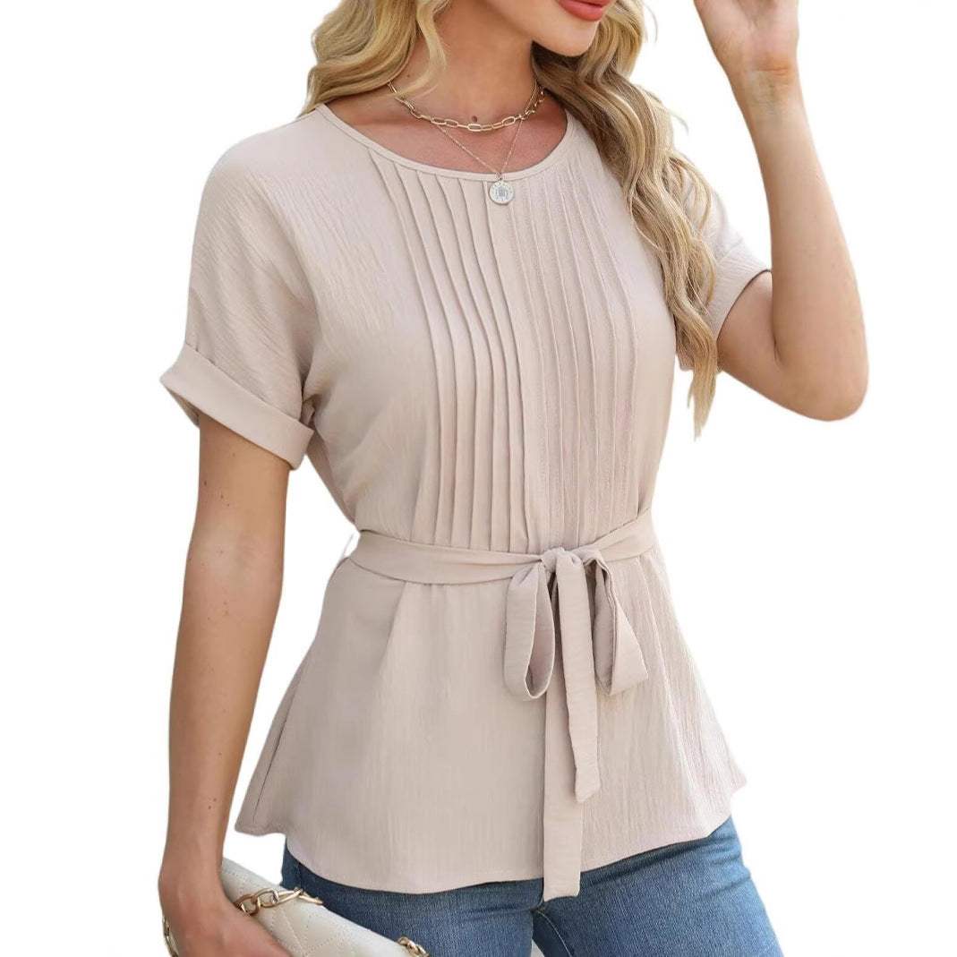 Damen Bluse mit Rüschendetails und seitlichem Gürtel Shopnory