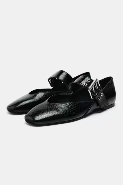 Damen Flache Riemchen‑Ballerinas mit breitem dekorativem Schnallenriemen und Leopardenmuster Shop Nory