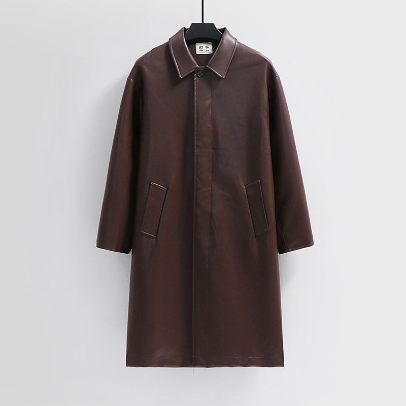 Herren langer minimalistischer Kunstleder-Mantel mit Hemdkragen, verdeckter Knopfleiste und geradem Schnitt Shop Nory