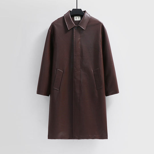 Herren langer minimalistischer Kunstleder-Mantel mit Hemdkragen, verdeckter Knopfleiste und geradem Schnitt Shop Nory