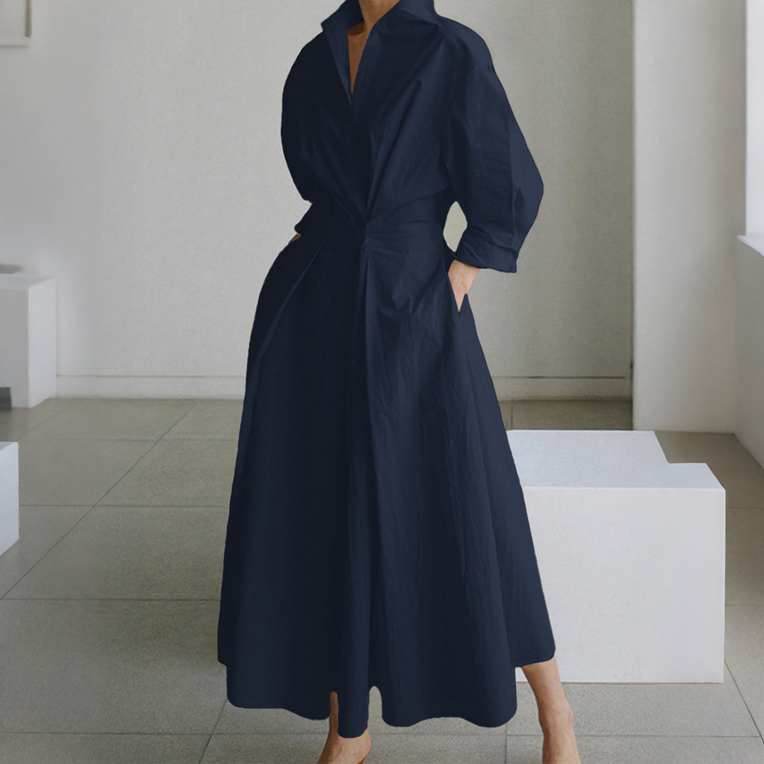 Damen nan tailliertes Hemdblusenkleid mit kastigem Kragen, mittellangen Ärmeln, Seitentaschen und ausgestelltem Tellerrock Shop Nory