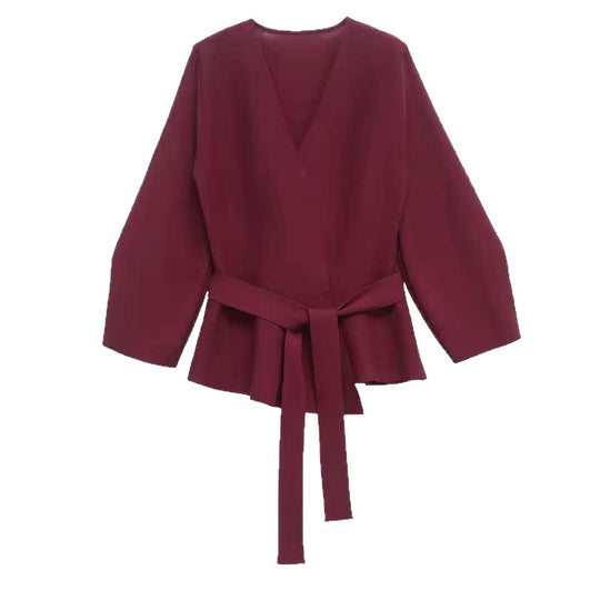 Damen Taillierte Bluse mit Wickelgürtel und Schößchen Shop Nory