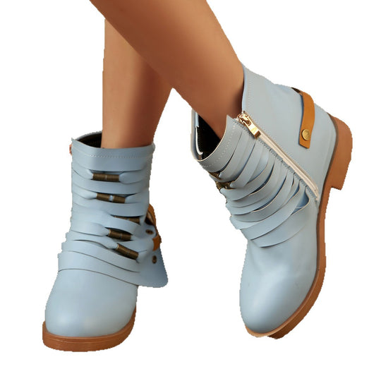 Damen Fransen-Ankle-Boots mit geschichteten Riemen und seitlichem Reißverschluss Shop Nory