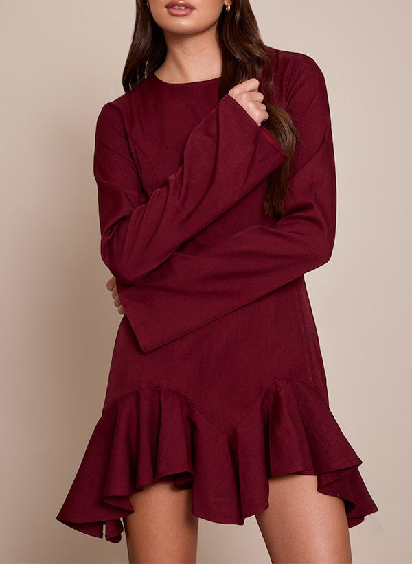 Damen Figurbetontes Langarm-Minikleid mit taillierten Nähten und Volant-Saum Shop Nory