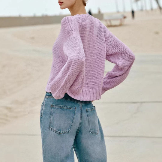 Damen Lockere Cropped-Strickjacke mit Knopfleiste und offener Struktur Shop Nory