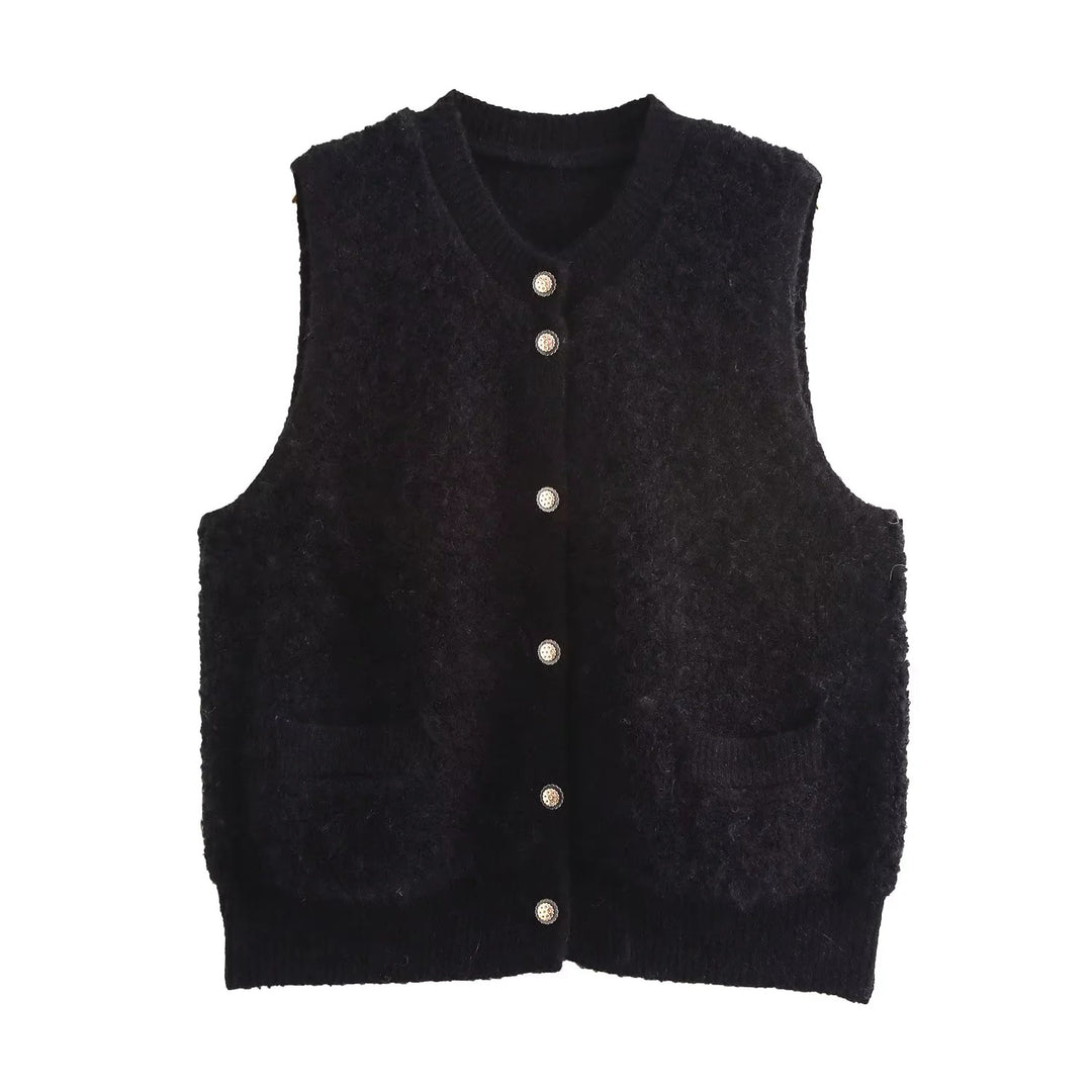 Damen Ärmellose Teddy‑Weste mit Knopfleiste und aufgesetzten Taschen Shop Nory