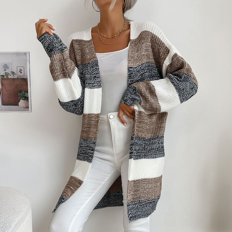 Damen Langer Oversize-Strickcardigan mit Blockstreifen und offener Front Shop Nory