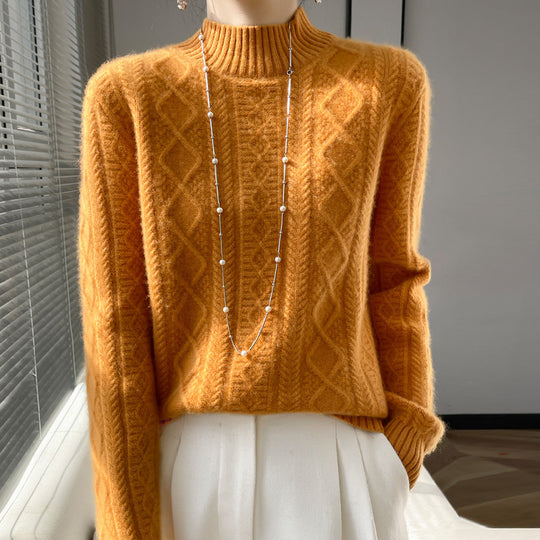 Damen Kuscheliger Mohair‑Optik Mockneckpullover mit Rautenzopfstruktur und kastiger Silhouette Shop Nory