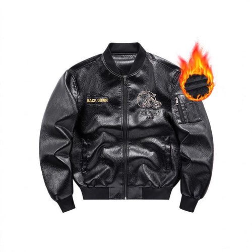 Herren Kunstleder‑Bomberjacke mit wärmender Fleece‑Innenfütterung, Motorrad‑Stickerei und Ärmeltasche Shop Nory