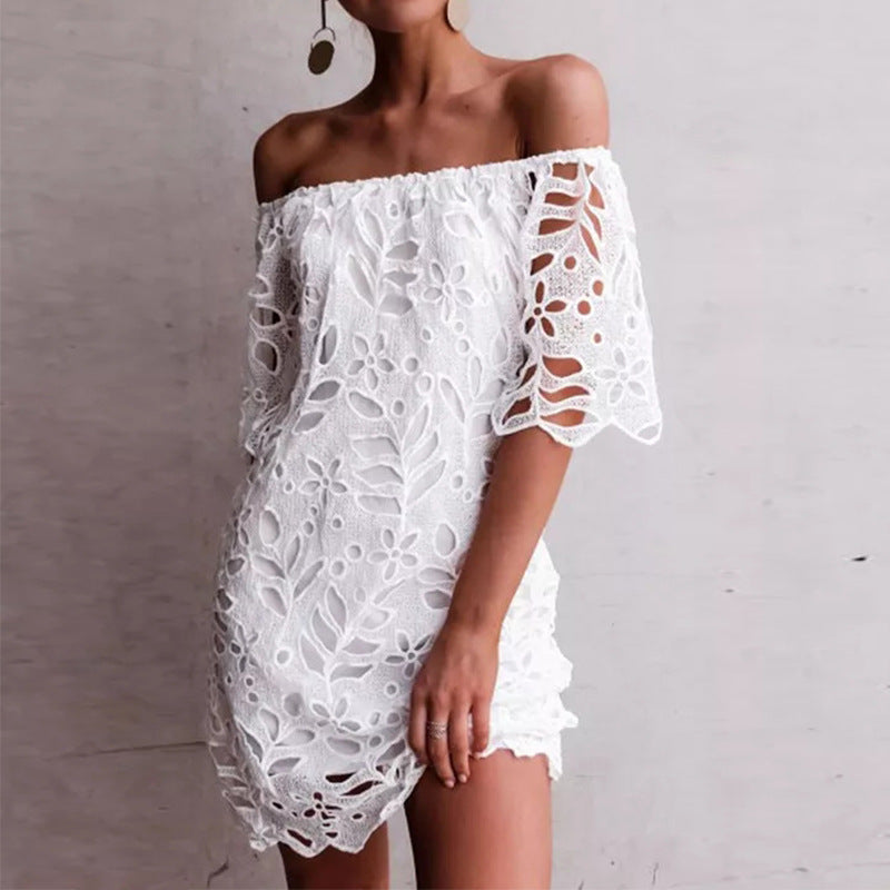 Damen Off-Shoulder Kleid mit floralen Cut-Outs und luftigen Ärmeln