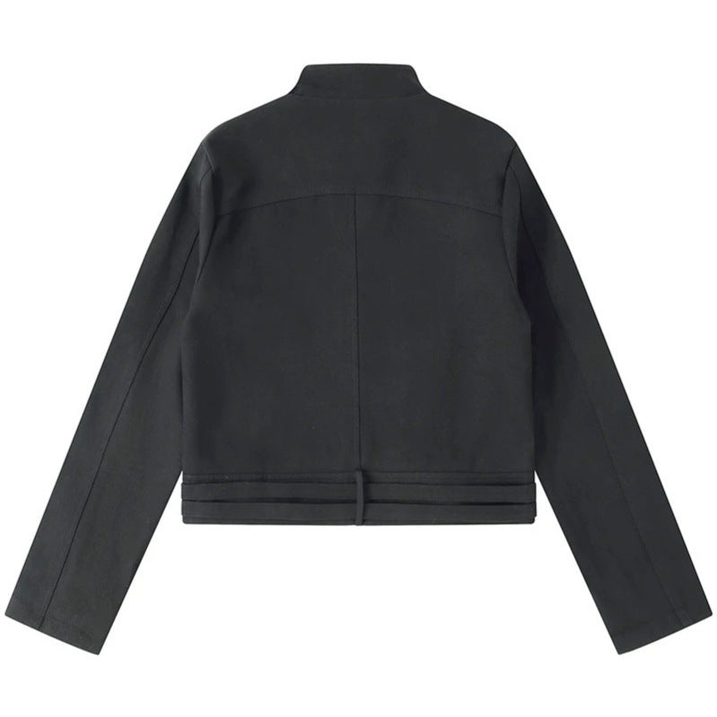 Damen Kurz geschnittene Baumwoll-Utility-Jacke mit Stehkragen Frontreißverschluss und verstellbaren Taillenriemen Shop Nory
