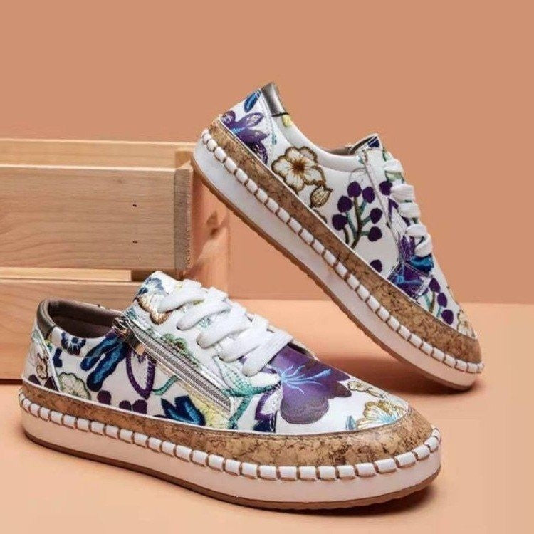 Damen Modische Sneaker mit buntem Muster und hochwertigem Korkrand