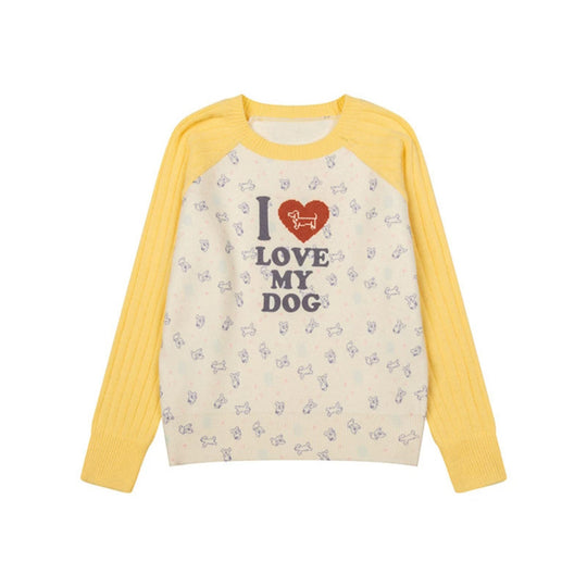 Damen Gestrickter Raglanpullover mit Herz‑Hundemotiv, Rippärmeln und Allover-Print Shop Nory
