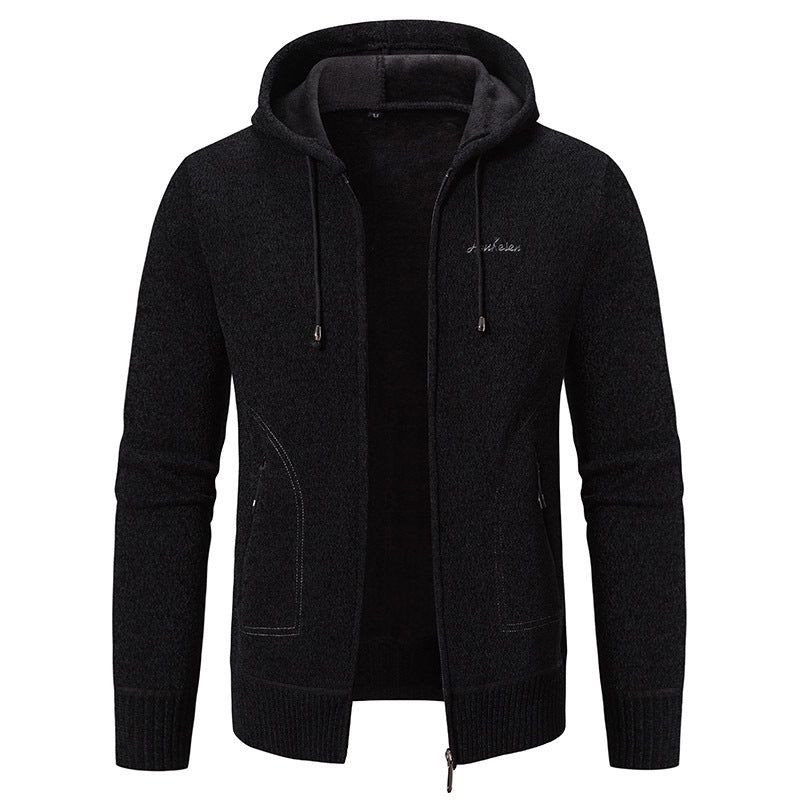 Herren warme Strickoptik-Zipjacke mit Teddyfutter, Kapuze und verdeckten Reißverschlusstaschen Shop Nory