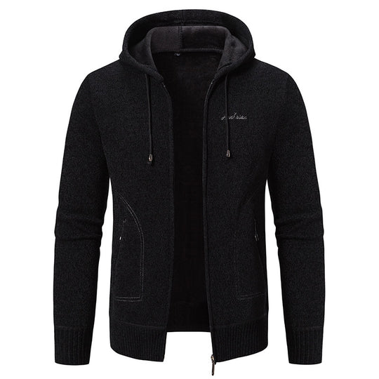 Herren warme Strickoptik-Zipjacke mit Teddyfutter, Kapuze und verdeckten Reißverschlusstaschen Shop Nory