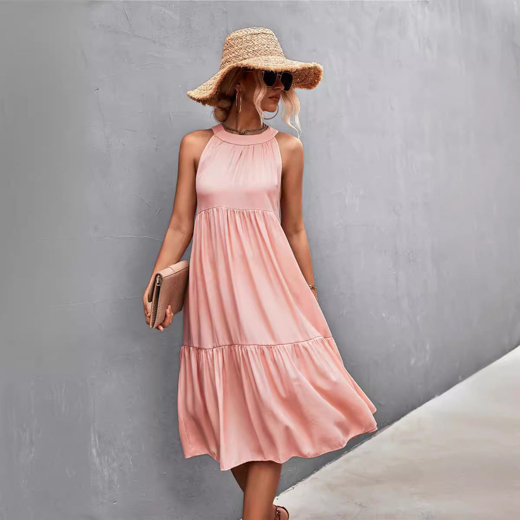 Damen luftiges Sommerkleid mit schwingendem Rock und hohem Hals Shopnory