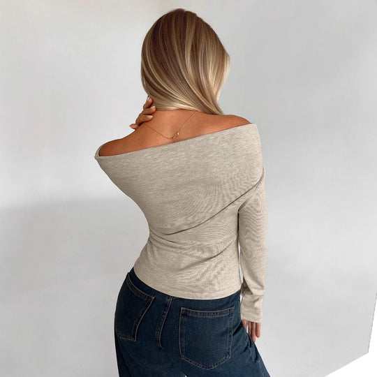 Damen Weiches Off-Shoulder Langarmshirt mit Wasserfallkragen und leichtem Stretch Shop Nory