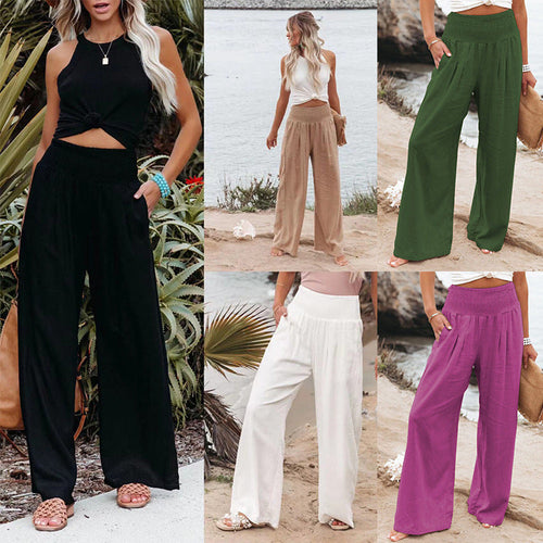 Damen Weite Leinenhose mit elastischem Bund und plissierten Details