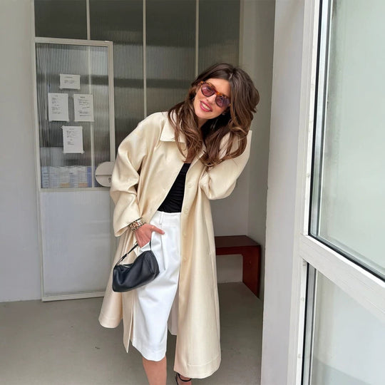 Damen Leichter Satin‑Optik Longcoat mit kastiger Oversize‑Silhouette Shop Nory