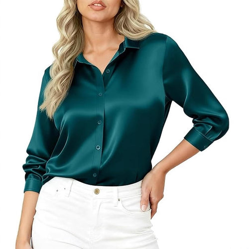 Damen Seidiges Satin-Blusenshirt mit Hemdkragen und dreiviertel Ärmeln Shop Nory