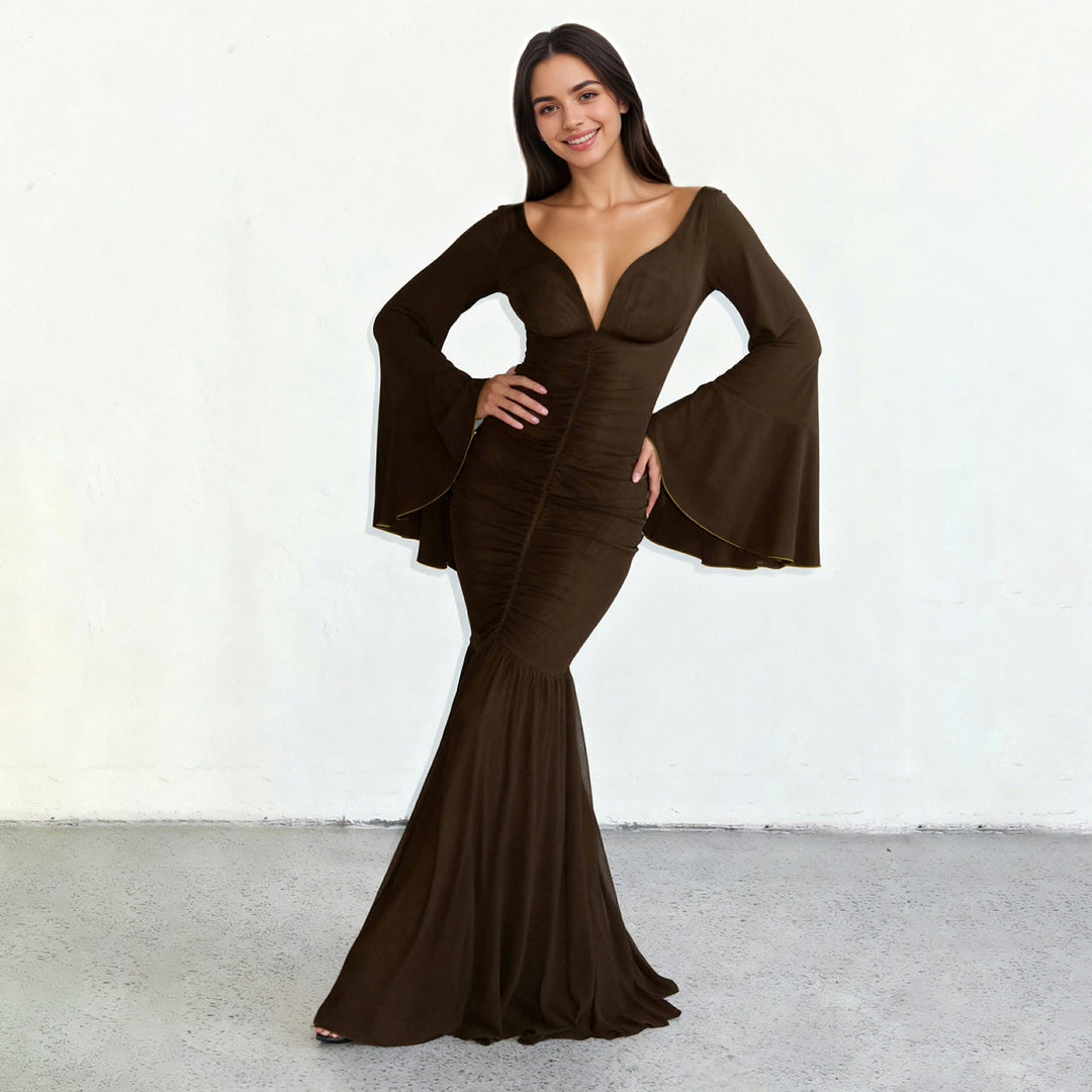Damen nan gerafftes Maxikleid mit V-Ausschnitt, Trompetenärmeln und Stufenrüsche Shop Nory