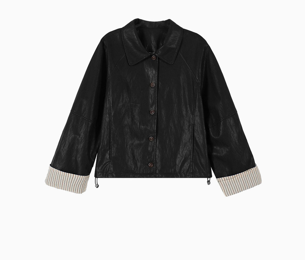 Damen Moderne Lederjacke mit gestreiften Manschetten Shop Nory