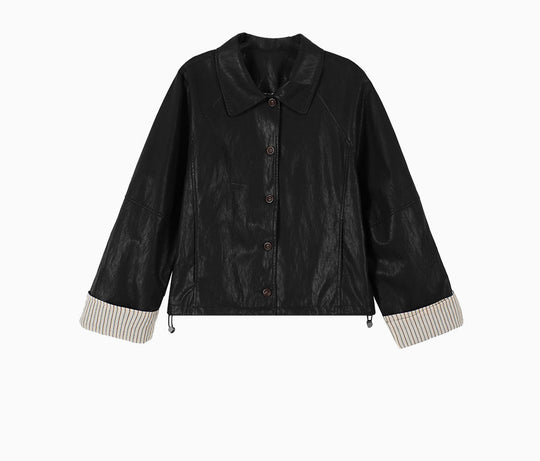 Damen Moderne Lederjacke mit gestreiften Manschetten Shop Nory