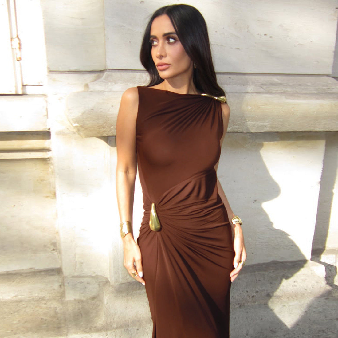 Damen Elegantes Maxikleid mit asymmetrischem Design und drapierter Taille