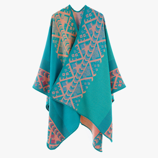 Damen Gewebter Oversize-Ruana mit Ethno-Jacquard und Zierkettelung Shop Nory