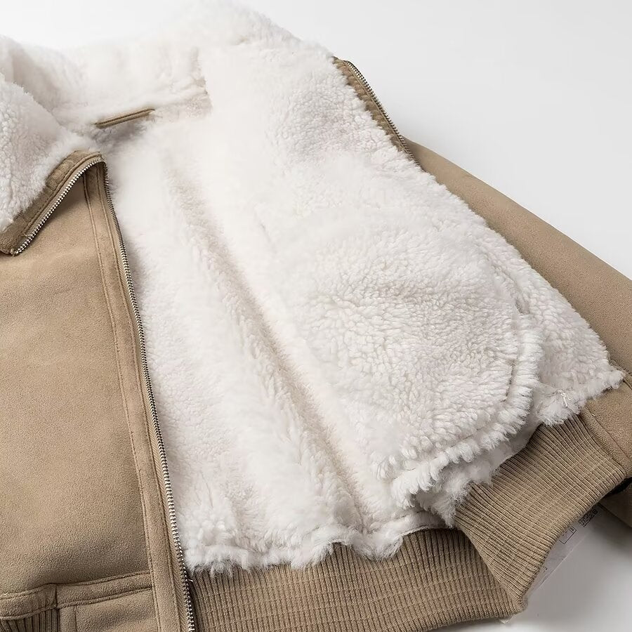 Damen Bomberjacke aus Veloursimitat mit Teddyfutter und großem Schalkragen Shop Nory