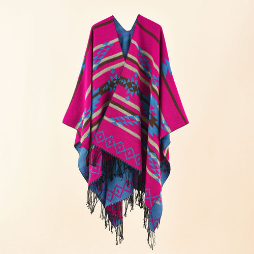Damen Oversize-Ruana im grafischen Jacquard mit kontrastierter Innenseite und Fransensaum Shop Nory